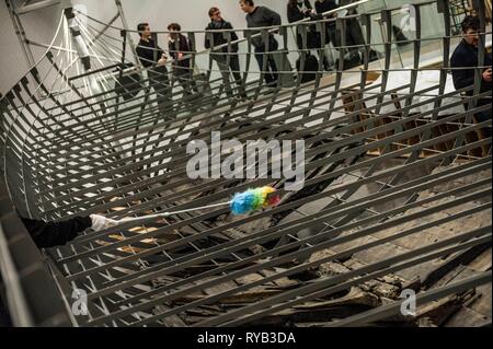 Views of surviving timbers from longest Viking warship ever found displayed in the UK for the first time. The timbers have been painstakingly fitted together like a huge jigsaw and placed inside an actual size steel cradle . The reconstruction work is by members National Museum of Denmark who have come over to the Museum especially.     The 37 metre long ship will form the centrepiece of the British Museum's BP exhibition, Vikings: life and legend.  The ship, known as Roskilde 6, was excavated from the banks of Roskilde fjord in Denmark during the course of work undertaken to develop the Roski Stock Photo