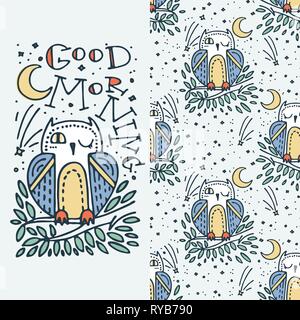 Good morning. Set of seamless cute childish pattern and doodle cut image with hand drawn cute animals. Creative doodle kids texture for fabric, wrappi Stock Vector
