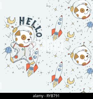 Hello. Set of seamless cute childish pattern and doodle cut image with hand drawn cute animals. Creative doodle kids texture for fabric, wrapping, tex Stock Vector