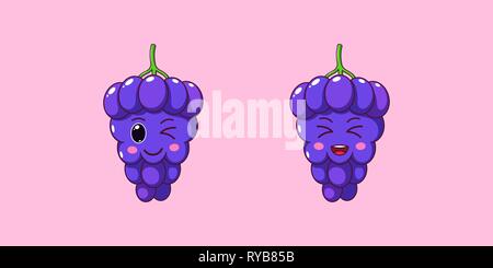 Cute Kawaii Grape, Cartoon Ripe Berries. Vector illustration of Cartoon Bunch of Blue Grapes with Winking and Laughing Face, Funny Emoji. Juicy Fruity Stock Vector