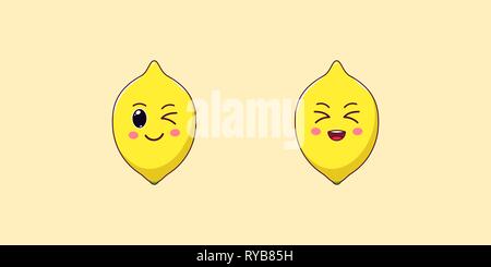 Cute Kawaii Lemon, Cartoon Citrus Fruit. Vector illustration of Cartoon Yellow Lemon with Winking and Laughing Face, Funny Emoji. Juicy Tropical Stick Stock Vector