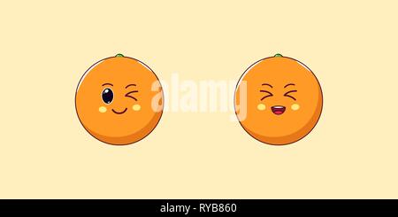 Cute Kawaii Orange, Cartoon Citrus Fruit. Vector illustration of Ripe Cartoon Orange with Winking and Laughing Face, Funny Emoji. Juicy Tropical Stick Stock Vector