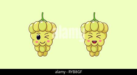 Cute Kawaii Grape, Cartoon Ripe Berries. Vector illustration, Cartoon Bunch of White Grapes with Winking and Laughing Face, Funny Emoji. Juicy Fruity  Stock Vector