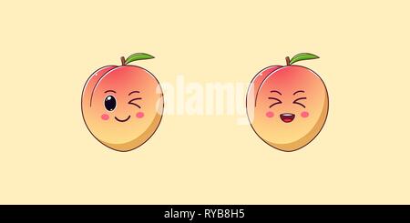 Cute Kawaii Peach, Cartoon Ripe Fruit. Vector illustration of Cartoon Honeyed Peach with Winking and Laughing Face, Funny Emoji. Juicy Sweet Sticker.  Stock Vector