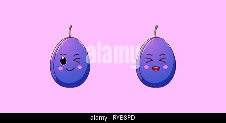 Cute Kawaii Plum, Cartoon Ripe Fruit. Vector illustration of Cartoon Blue Plum with Winking and Laughing Face, Funny Emoji. Juicy Fruity Sticker. Prin Stock Vector