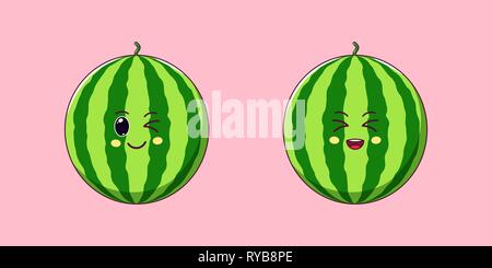 Cute Kawaii Watermelon, Cartoon Ripe Fruit. Vector illustration of Cartoon Sweet Watermelon with Winking and Laughing Face, Funny Emoji. Juicy Tasty S Stock Vector