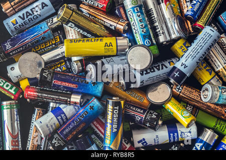 used disposable drain batteries of various size and color, top view Stock Photo