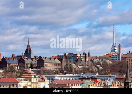 View of Prague city and Zizkov tower, under dramatic sky with clouds - Czech Republic, Europe Stock Photo