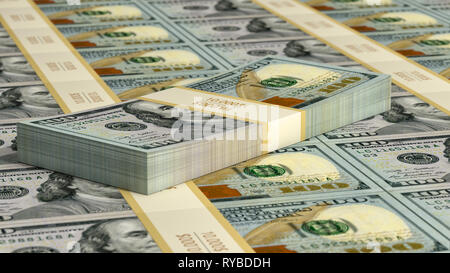 Stacks of new 100 Dollar bills - 3D Rendering Stock Photo