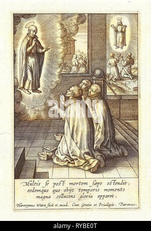 Appearance of Ignatius Loyola to three Jesuits, Hieronymus Wierix, 1611 - 1615 Stock Photo