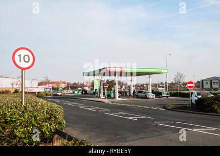 Speed limit and no entry at Asda petrol station Cherry Tree Retail Park Cherry Tree Road Blackpool Lancashire England UK Stock Photo