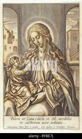 Mary with the Christ Child on her lap, print maker: Hieronymus Wierix, Piermans, 1563 - before 1619 Stock Photo