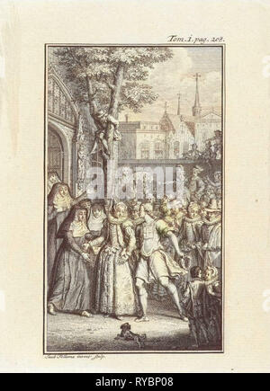 Richly dressed woman surrounded by a crowd of curious people, Jacob Folkema, 1702 - 1767 Stock Photo