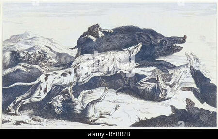 Dogs hunt a boar, William Young Ottley, Peeter Boel, 1828 Stock Photo