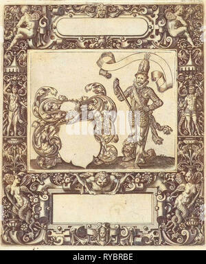 Picture frame with an elongated cartouche with rounded sides, print maker: Theodor de Bry, 1593 Stock Photo