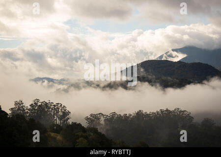 Early morning fog and mist rise over forested hills Stock Photo