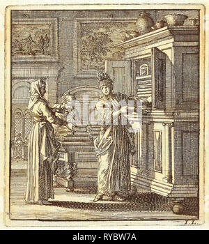 Woman takes things out of a cupboard, Jan Luyken, wed. Arentsz Pieter Cornelis, van der Sys II, 1711 Stock Photo