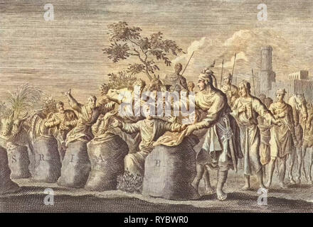 Joseph's silver cup is found in Benjamin's sack, Jan Luyken, Pieter Mortier, 1703 - 1762 Stock Photo