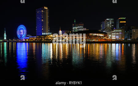 KOBE, JAPAN -27 FEB 2019- Night view of the Harborland waterfront skyline of Kobe, the capital of Hyogo Prefecture in Honshu, Japan. Stock Photo