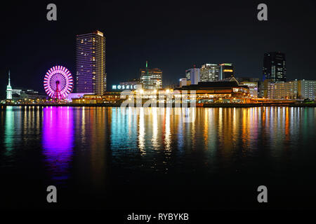 KOBE, JAPAN -27 FEB 2019- Night view of the Harborland waterfront skyline of Kobe, the capital of Hyogo Prefecture in Honshu, Japan. Stock Photo