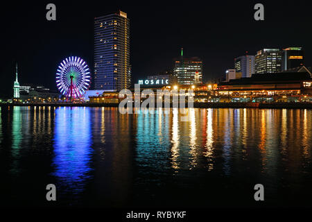 KOBE, JAPAN -27 FEB 2019- Night view of the Harborland waterfront skyline of Kobe, the capital of Hyogo Prefecture in Honshu, Japan. Stock Photo