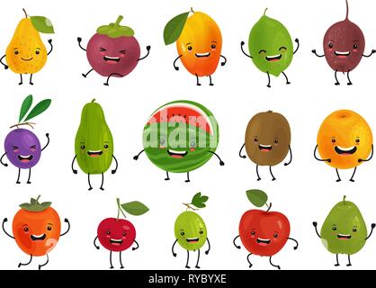 Set of funny fruits. Fresh food concept. Cartoon vector illustration Stock Vector