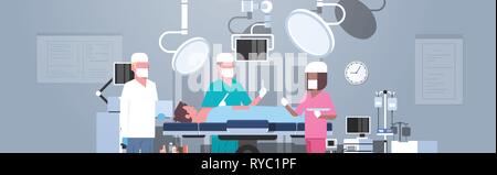 mix race surgeons team surrounding patient lying on operation table during surgery medical workers in operation room modern hospital clinic interior Stock Vector