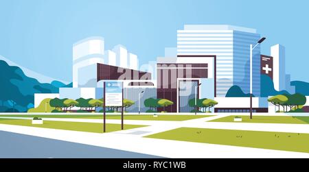 big hospital building modern medical clinic exterior with yard information board trees cityscape background flat horizontal Stock Vector
