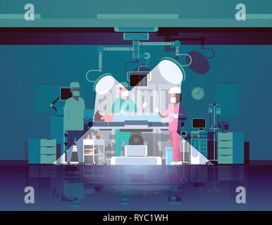 surgeons team surrounding patient lying on operation table with lamps light rays during surgery medical workers with equipment in operation room Stock Vector