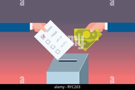 voter putting paper ballot list in box selling vote hand giving money during voting election corruption concept flat horizontal Stock Vector