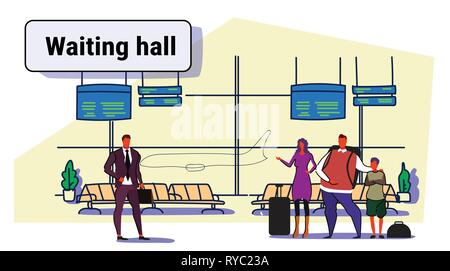 airport passengers at waiting hall departure lounge interior people travelers standing with baggage holiday vacation concept sketch doodle horizontal Stock Vector
