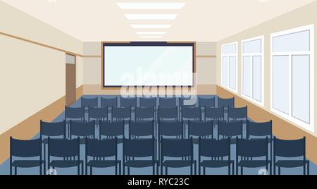 modern meeting conference presentation room interior with blue chairs and blank screen lecture seminar hall large sitting capacity empty no people Stock Vector
