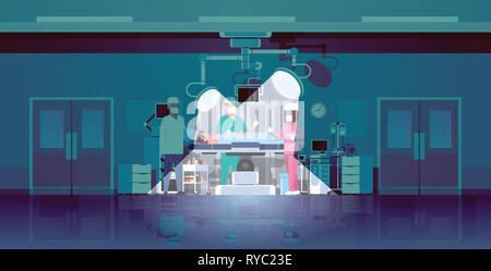 surgeons team surrounding patient lying on operation table with lamps light rays during surgery medical workers with equipment in operation room Stock Vector