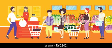 people customers with trolley carts standing line queue to cashier in retail store supermarket interior concept big grocery shopping center horizontal Stock Vector