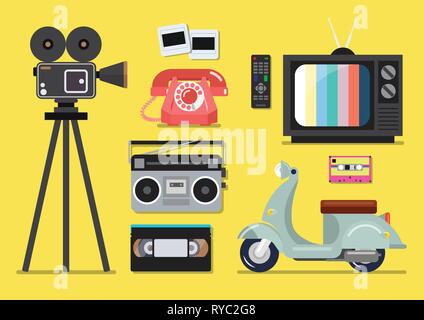 Retro objects flat style on a yellow background Stock Vector