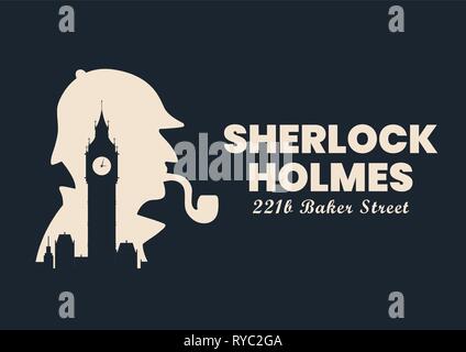 Sherlock holmes silhouette with Big Ben London Banner sign. Vector illustration Stock Vector