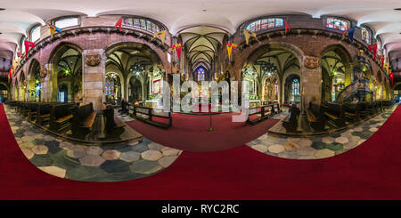 360 degree panoramic view of WROCLAW, POLAND - SEPTEMBER, 2018: full seamless spherical panorama 360 degrees angle view interior gothic catholic cathedral of john the baptist in e