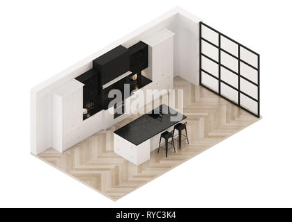 Modern kitchen interior. Modern classic. Orthogonal projection. View from above.  3D rendering. Stock Photo