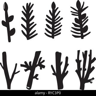 Spring set of Driftwood, ground floor hand-drawn ink rustic design elements collection. Dry tree branches and wooden twigs. Vintage doodle bundle art  Stock Vector