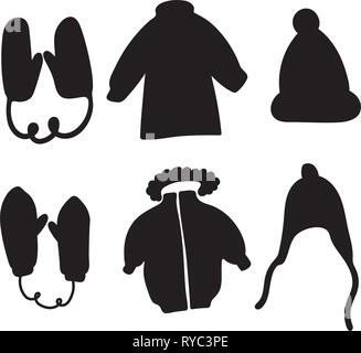 Winter clothes, black icons set. Vector mittens on a rope, hat, jacket. Stock Vector