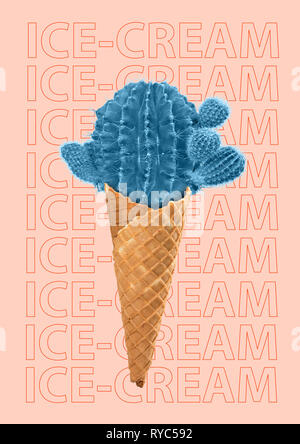 Contemporary art collage. Concept Cactus ice cream on pink background. Specific taste. Stock Photo