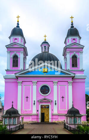 Chernivtsi Pink Colored Holy Spirit Cathedral Frontal View Stock Photo