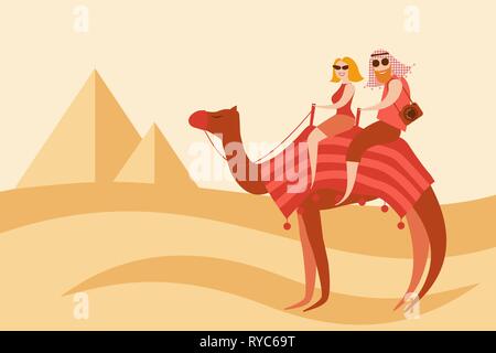 Tourists couple camel riders in the desert on the Egypt pyramids background vector illustration. Woman and man wearing head scarf sit on the camel bac Stock Vector