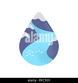 Water environment illustration of blue mountain river inside waterdrop on isolated white background. Climate change and melting ice poles awareness co Stock Vector