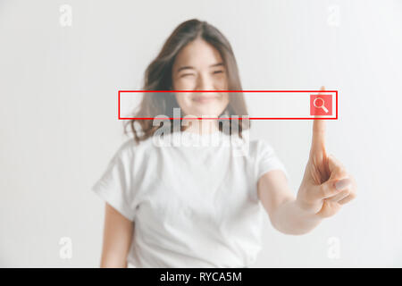 Businesswomans finger touching empty search bar, modern business background concept - can be used for insert text or pictures. Stock Photo