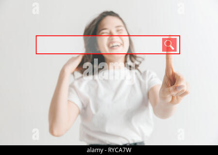 Businesswomans finger touching empty search bar, modern business background concept - can be used for insert text or pictures. Stock Photo