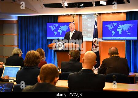 U.S. Secretary of State Mike Pompeo delivers remarks on closing of the U.S. Embassy in Venezuela in the Press Briefing Room of the State Department March 11, 2019 in Washington, D.C. Stock Photo