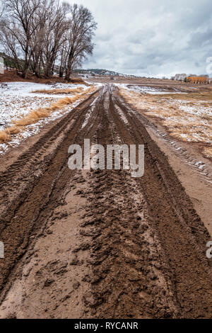 Muddy tire tracks on a ranch dirt road; central Colorado; USA Stock Photo