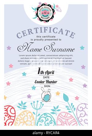 Easter white blue certificate with bunny, multicolored ornamental eggs Stock Vector