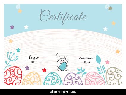 Easter white blue certificate with bunny, multicolored ornamental eggs Stock Vector